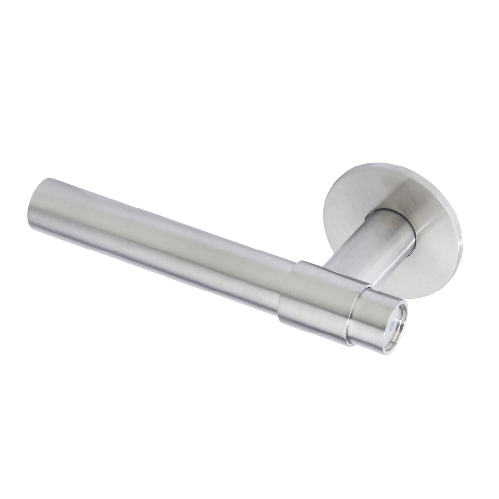 Satin Stainless steel lever door handle for internal use with a sleek, minimalist design, featuring a cylindrical arm and round wall mount.