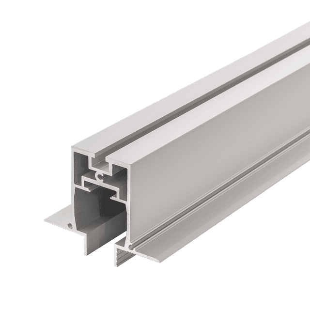 The track component of a sliding pocket door system in anodized grey finish.