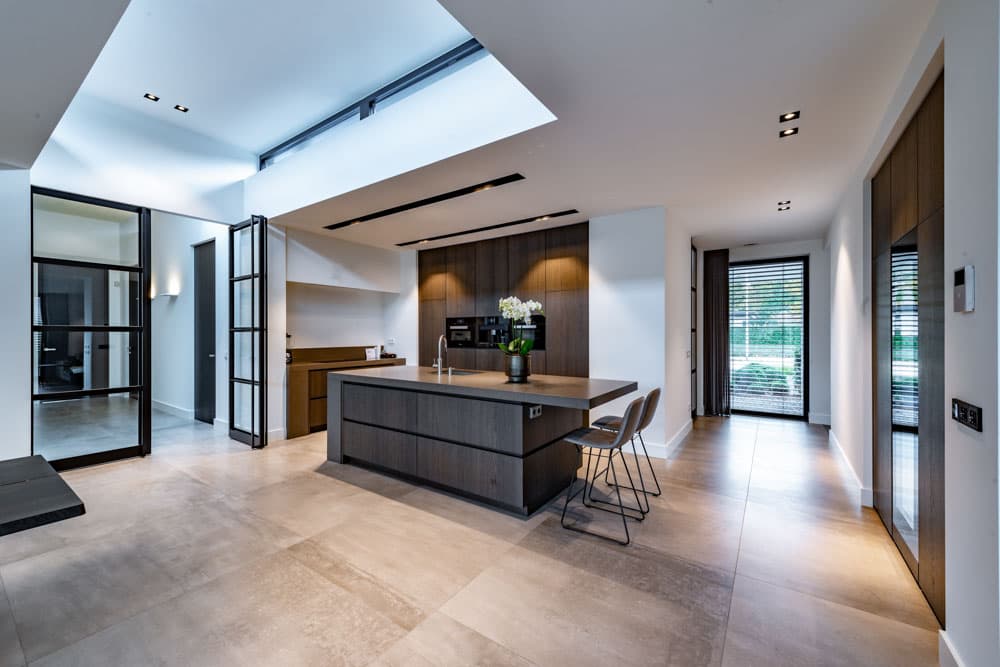 steel-glazed double pivot doors in black finish in a modern kitchen