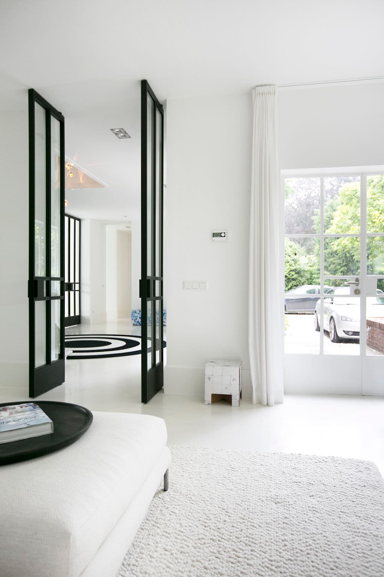 double pivot doors made of steel in a black finish in a monochrome interior