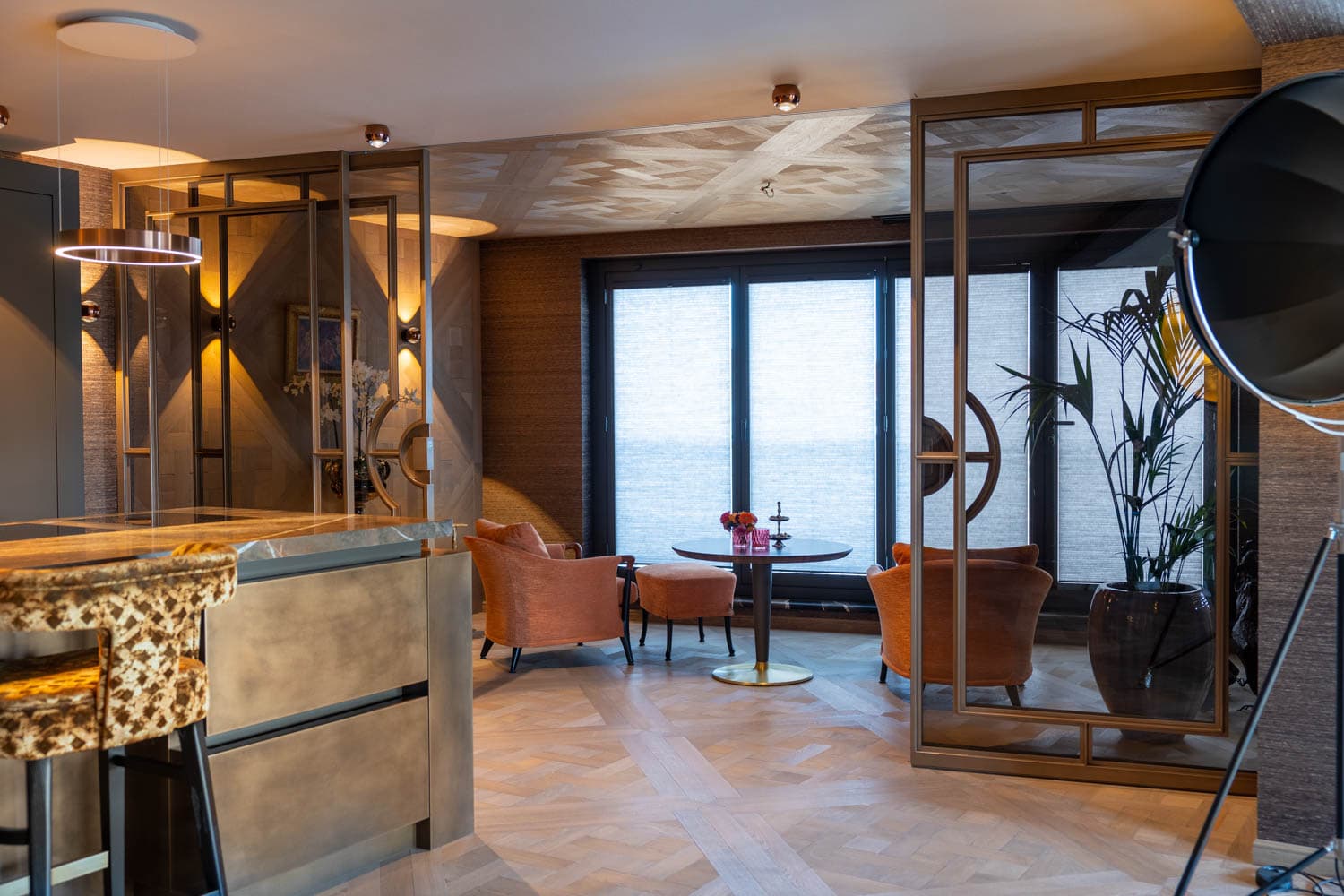 bronze finish sliding steel glazed doors with an Art Deco design