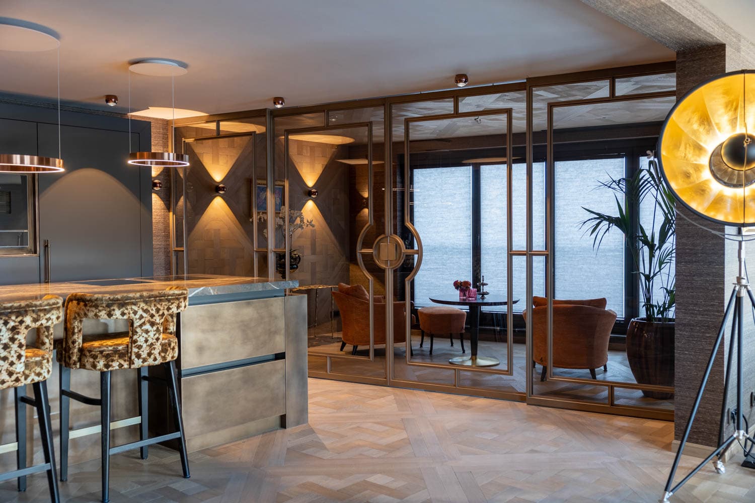 bronze finish sliding steel glazed doors with an Art Deco design