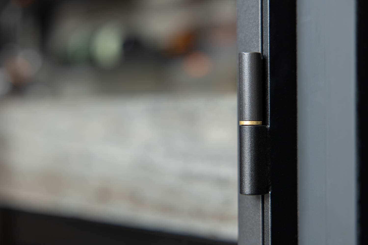 a hinged steel-glazed door in a black finish