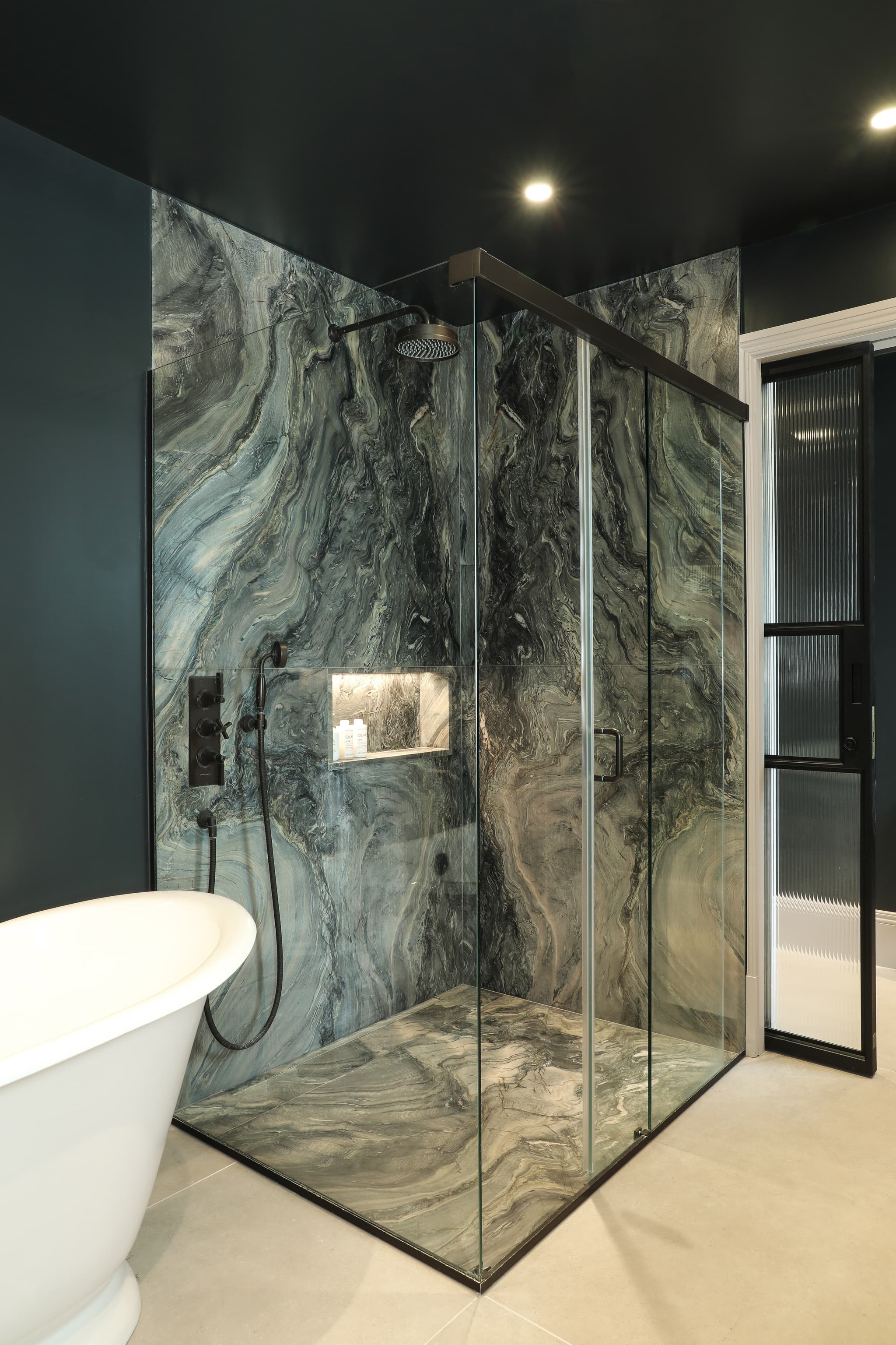sliding steel glazed doors in a bathroom