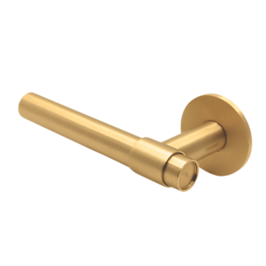 Gold-colored, Satin PVD brass finish cylindrical door handle with a round base plate, featuring a minimalist and modern design.