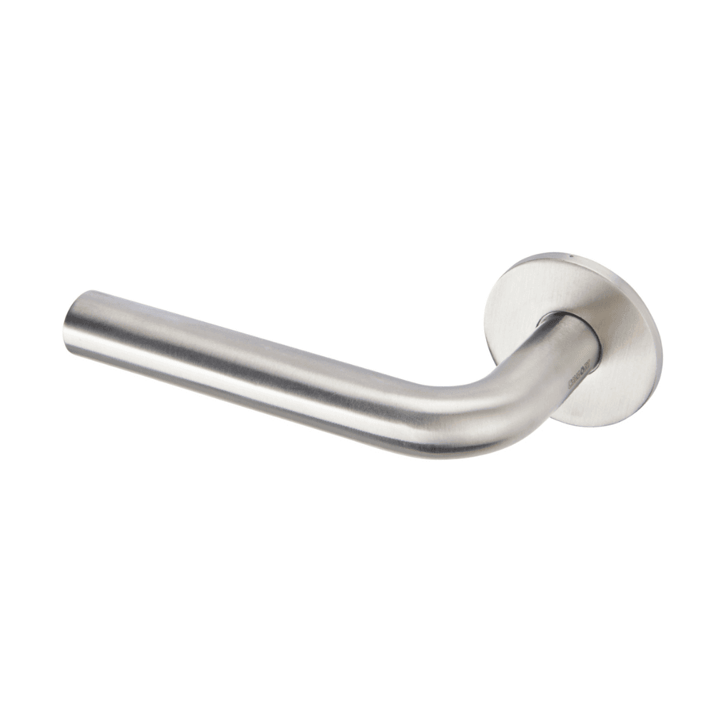 Markham lever handle in satin stainless steel finish